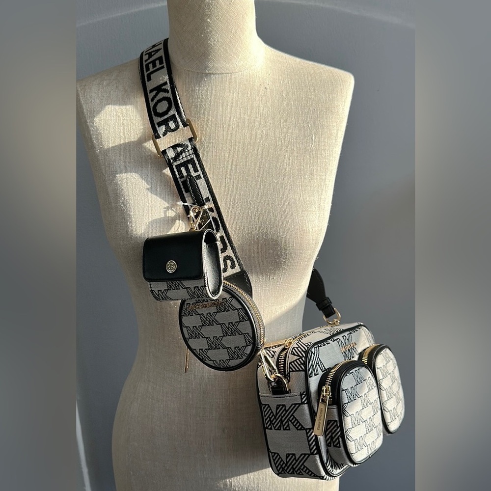 Michael Kors Jacquard Jet Set travel crossbody black tech pocket pouches multi - Picture 6 of 12